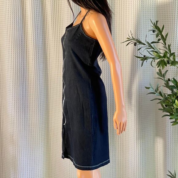 Vintage Y2K 2000s Girly Girl Denim Halter Dress Zip Front Bodycon Midi Size L - Picture 5 of 8